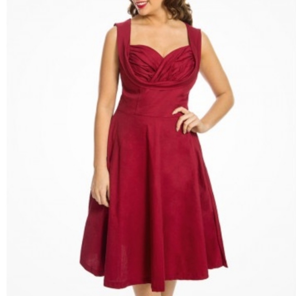 Trashy Diva Retro Red Satin Ruched Sweetheart Sleeveless Fit Flare Midi Dress 8